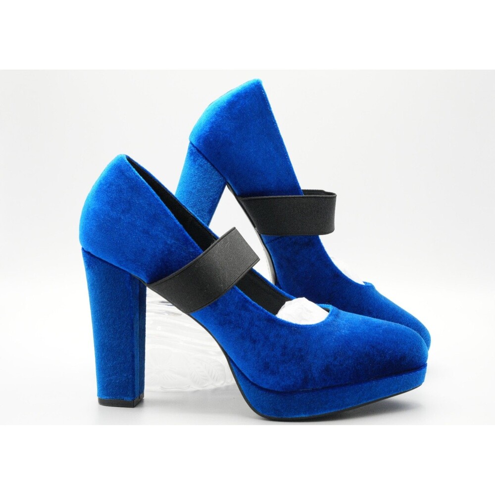London Rag Blue Velvet Platform Mary Jane Ankle Strap Block Heel US 9